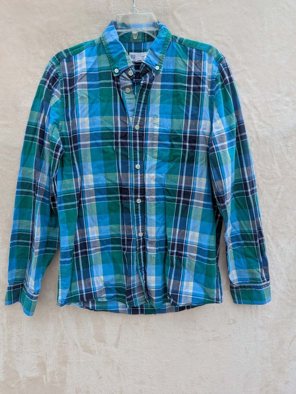 Gap Slim Fit Blue and Green Plaid Long Sleeve Button Down Shirt Men's Size M